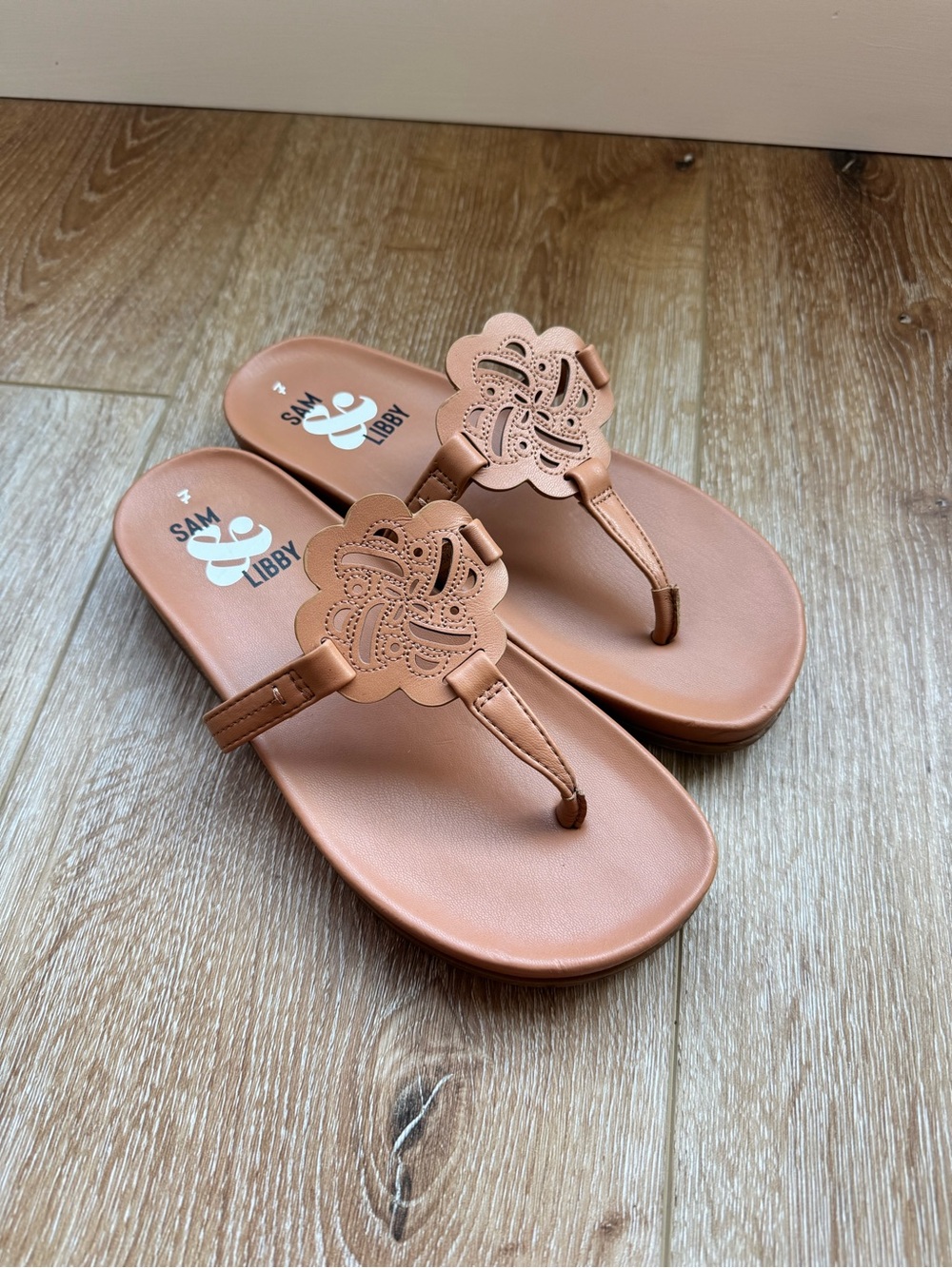 Sam & Libby Tan Floral Cutout Thong Sandals
